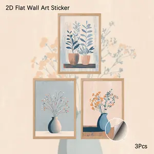 2D Flat Wall Art Sticker, 3Pcs PVC Self-Adhesive Framed Wallpaper, Minimalist Morandi Color Botanical Vase Illustration Wall Decals, Aesthetic Boho Floral Plant Art Wall Decor for Bedroom, Kitchen,Perfect Gift for Plant Lovers, Modern Home Decor Fans