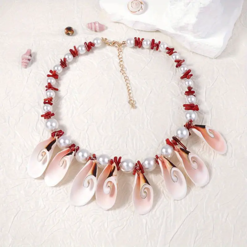 Women's Handmade Bohemian Vintage Shell Conch Pendant Multilayer Statement Necklace - White&Pink Seashells, Red Accents, Imitation Pearls, Artificial Pearl Beads, Golden-Tone Adjustable Chain, Casual Wear Fashionable Accessory, Daily Female Jewelry Gift,,