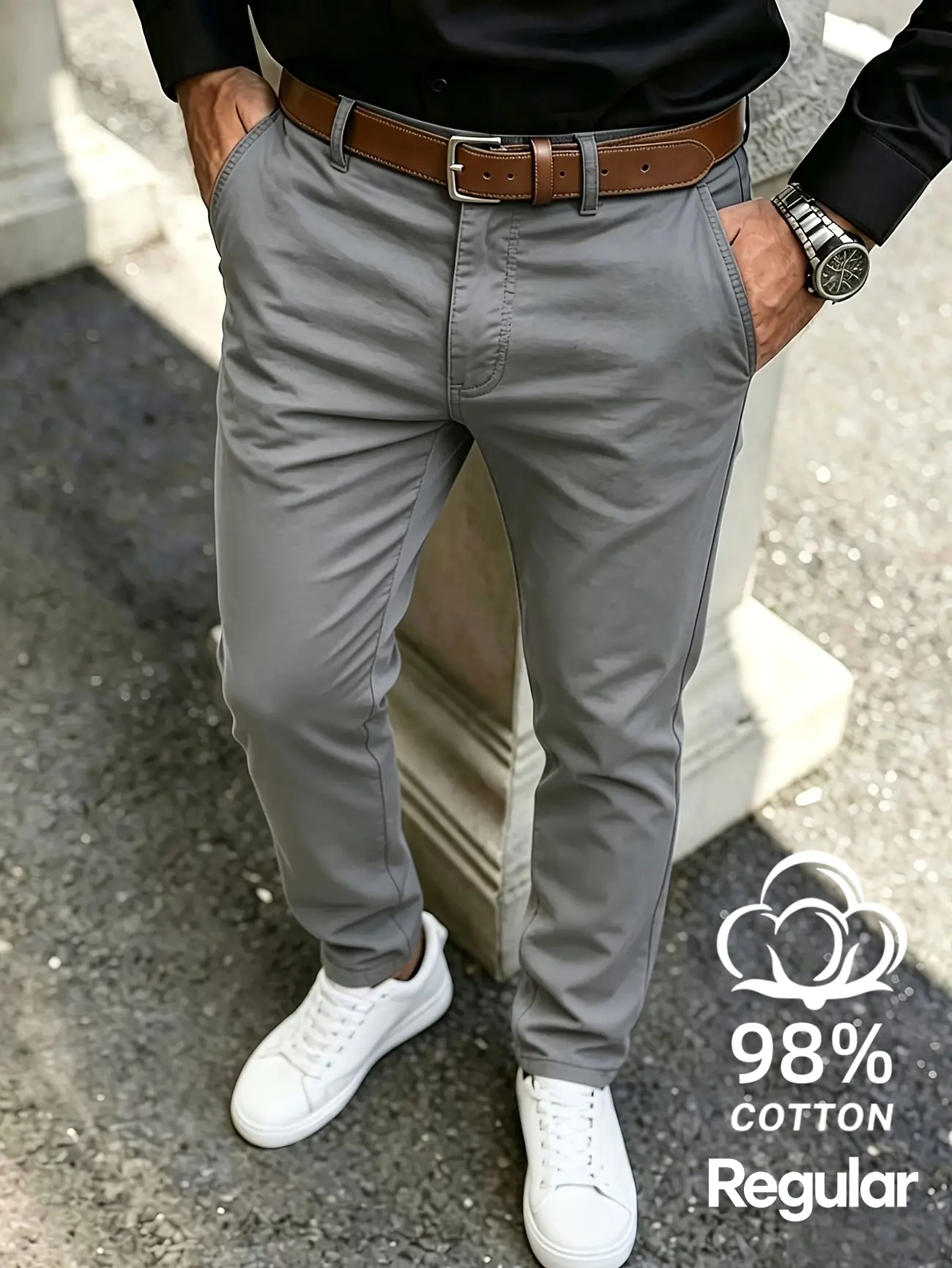 Soft and natural 98% cotton 2 spandex pants, classic waistband loop and side sliding pockets, wrinkle resistant lightweight fabric, streamlined straight leg contour, multifunctional daily underwear, suitable for business and casual men's fashion styling