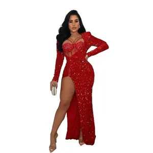 Women Wear Solid Color Sequ Sexy Slit Maxi Dress Formal Long Sleeve