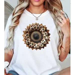 Leopard Print Sunflower Western Boho Animal Print Cowgirl Cotton Graphic Tshirt