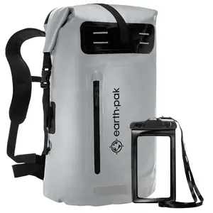 Earth Pak Waterproof Backpack - Heavy Duty Hiking Backpack - Roll-Top Closure - Waterproof Bag - Cushioned Dry Bags Waterproof w/ IPX8 Waterproof Phone Case - Wet Bag for Hiking, Kayak (Grey, 35L)