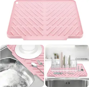 Silicone Dish Drying Mat for Kitchen Counter Essentials with Wider Drain Spout, Non-Slip 4 Suction Cups Heat Resistant Dish Drying Pad with Hanging Hole for Sink RV Camper Trave