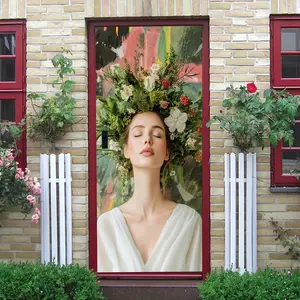 2pcs Bohemian Floral Princess Wall Stickers Flower Art Decor Self Adhesive Removable Door Stickers for Living Room Bedroom Wedding Party Decoration Nordic Ins Style Wall Decals Home Decorative Stickers