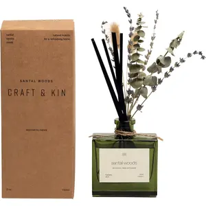 Reed Diffuser with Dried Flowers |     5 oz Santal Woods Scented Reed Diffusers for Home, Bathroom |     Scent Sticks |     Elegant Fragrance Home Decor for Men & Women