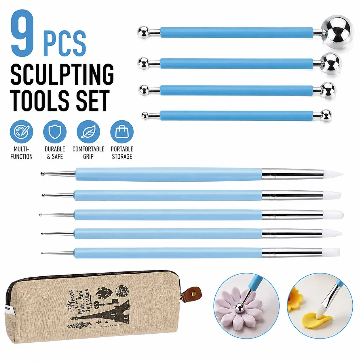 9-Piece Clay Sculpting Multi-Tool Kit for Adults - 4 Double-Ended Brass Metal Ball Styluses with Ergonomic 2-Tone Handles, 5 Silicone Polymer Tools for Paper Crafting & Hybrid Creations, Durable & Safe