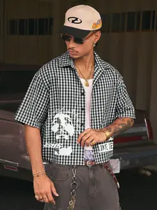 Men's Casual Retro Gingham Plaid Short Sleeve Shirt with Graphic Letter Print, Loose Fit Perfect for Summer Vacation, Stylish High Street Fashion