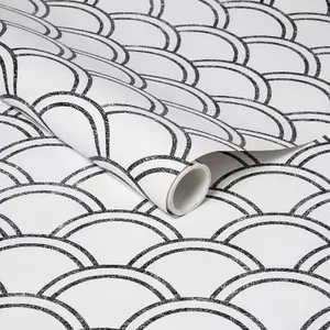 Opalhouse Scalloped Self-Adhesive Wallpaper, 198in x 20in, Playful Black/White, Ideal for Bathroom Accent Walls, Bathroom Peel And Stick Wallpaper