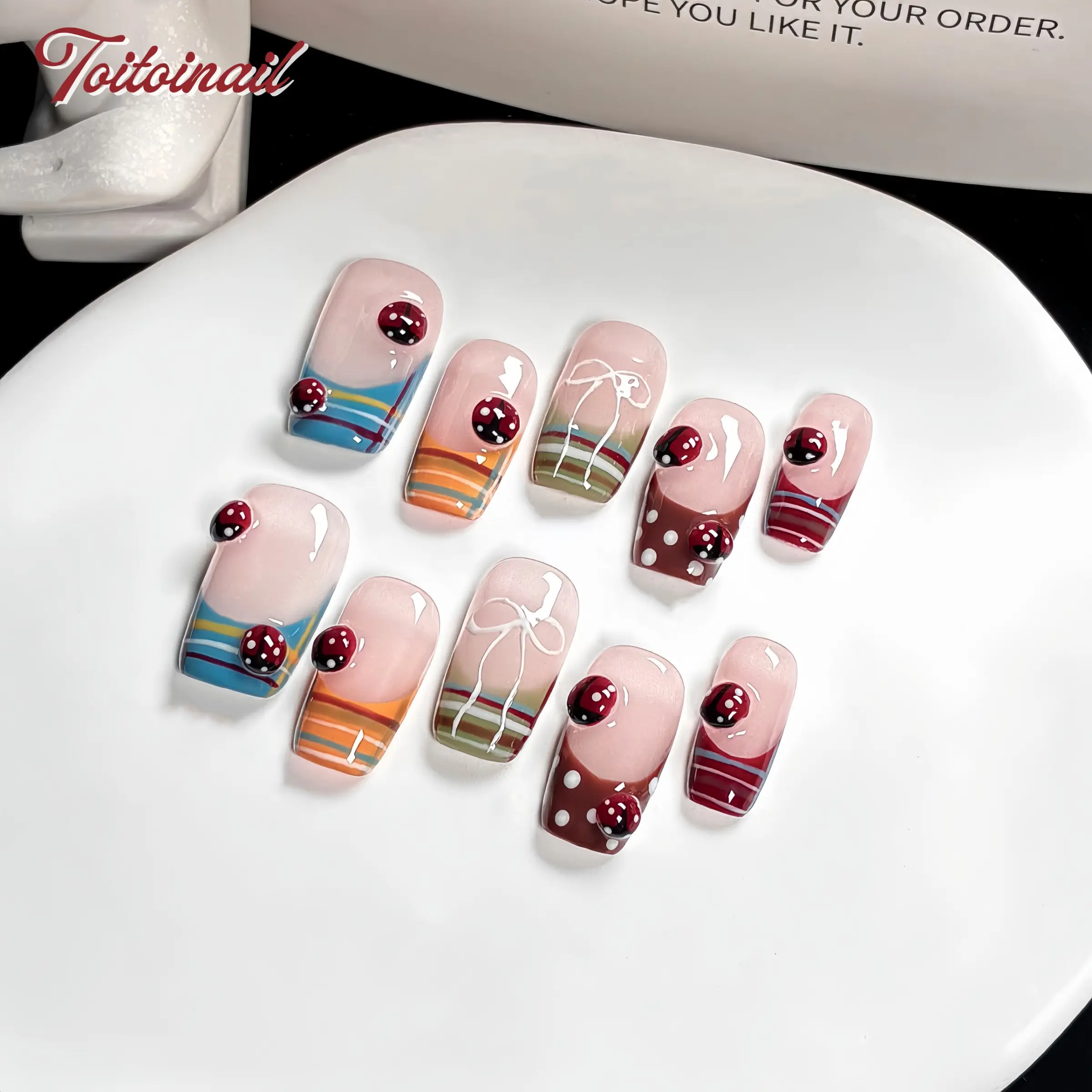 Ladybug Summer Handmade Press-On Nails | Medium Square Shape, 10pcs False Nail Set | Nude Base Retro Rainbow Stripes with 3D Ladybug & Bow Charms | Lazy Summer Cottage Aesthetic | Daily Wear, Date, Vacation Styling | High Gloss Reusable False Nails