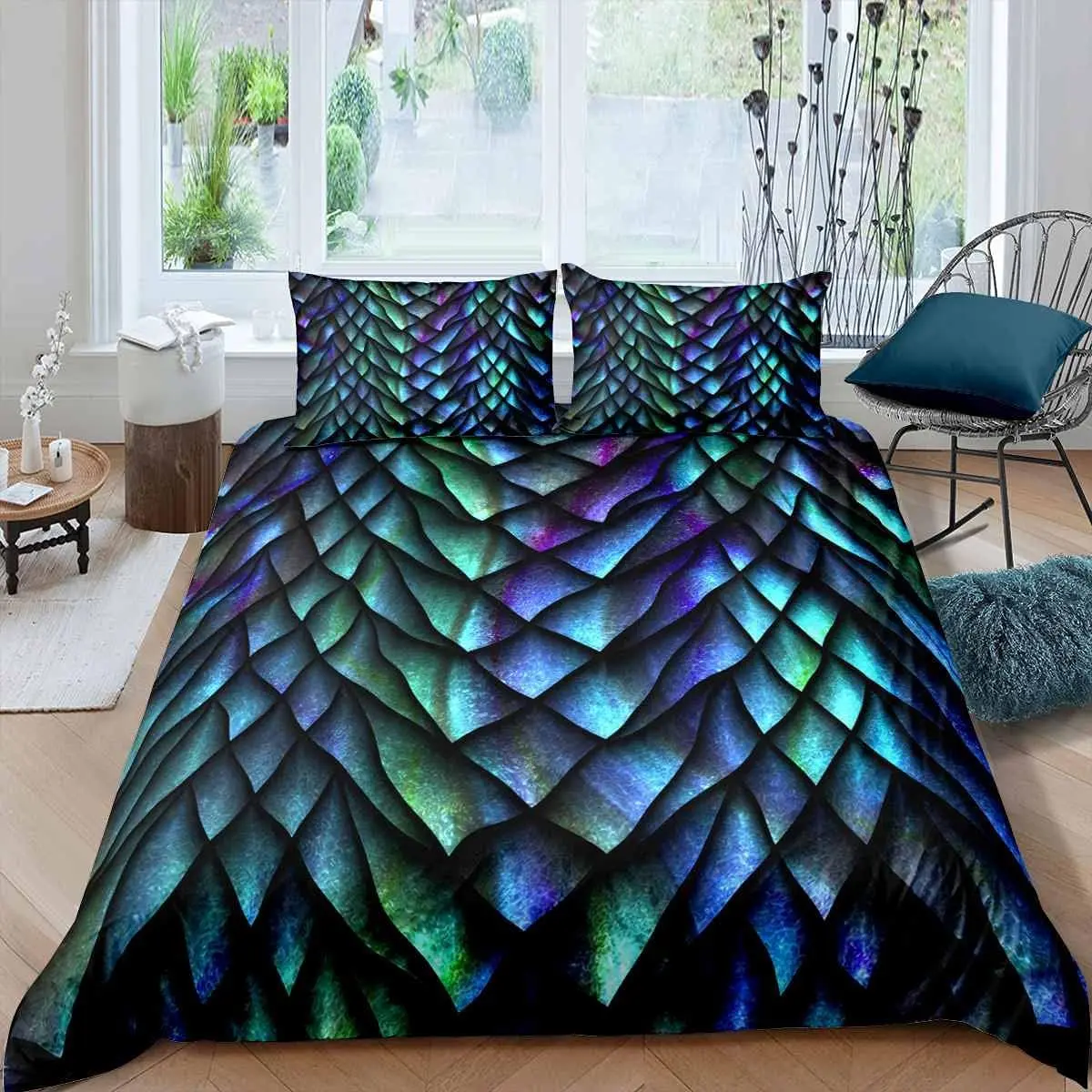 Feelyou 3D Dragon Scales Decorative Microfiber Duvet Cover - Reptile Skin Quilt Cover, Bedtime Fun, Cloud-Like Ultra-Soft Blue & Green Modern Bedding, Machine Washable, Multi-Size (Twin/Queen/King), No Comforter, Decorative Duvet Cover