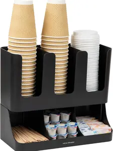 Mind Reader Cup and Condiment Station, 13 Inch Countertop Coffee Bar Organizer with 6 Compartments, Storage Caddy for Cups, Lids and Packets, Plastic, Black