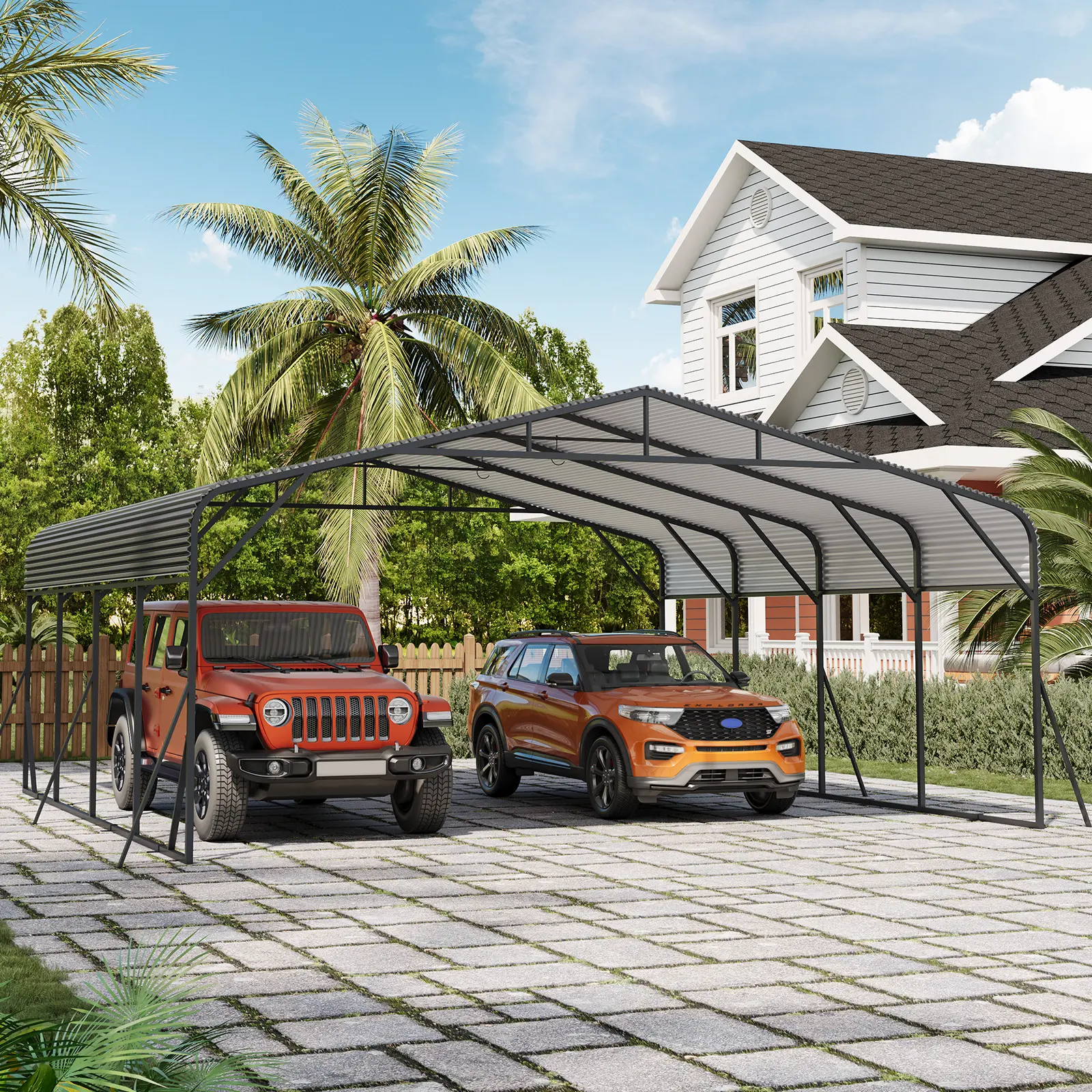 Heavy Duty 20x20 FT Metal Carport with Reinforced Base and Galvanized Steel Roof - Outdoor Weatherproof Garage Shelter Canopy for Lawn & Garden Storage