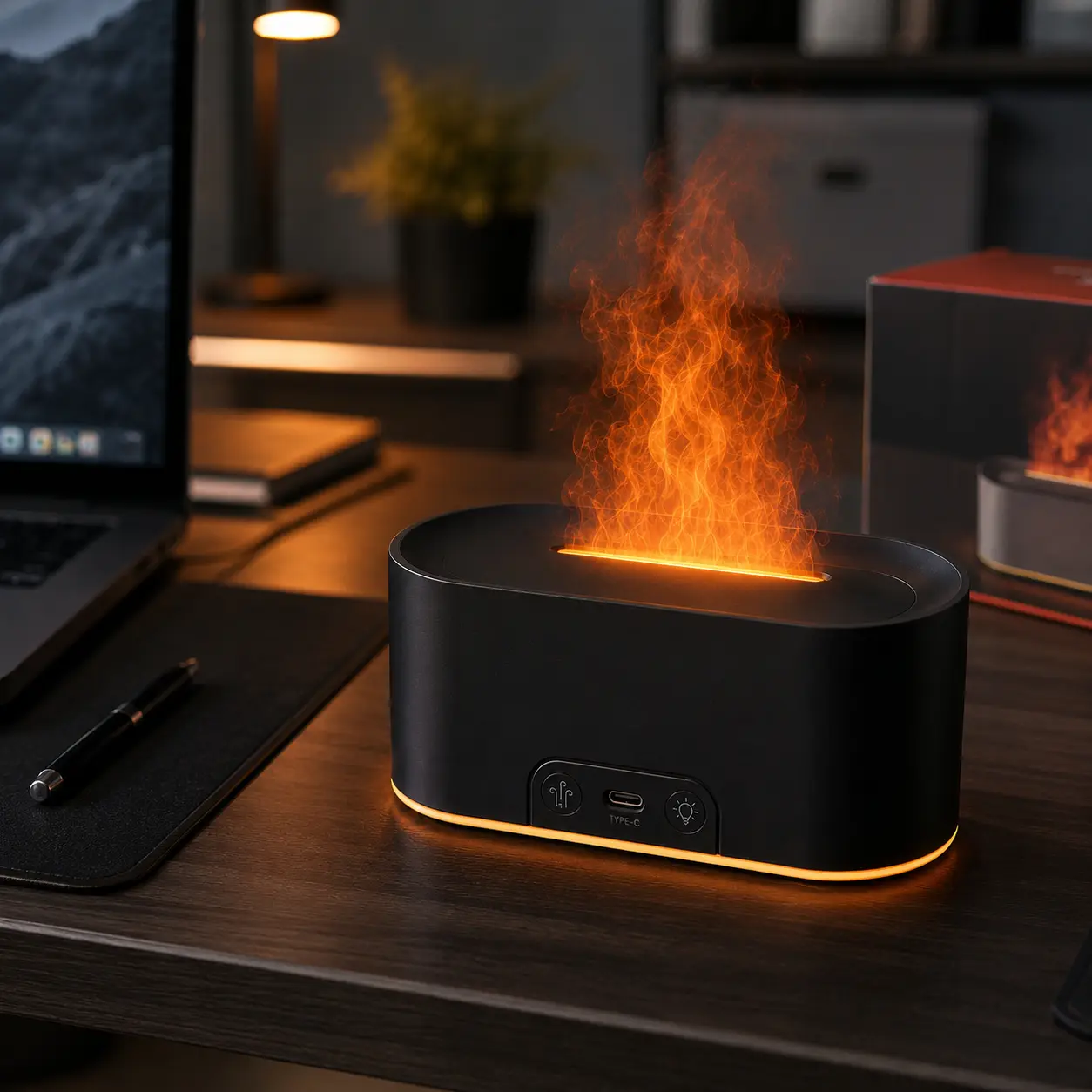 Mini Cool Mist Humidifier - USB-C Desktop Model with LED Flame Effect, 1-Button Portable Mist Maker for Bedroom, Office, Desk & Nightstand