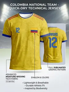 2026 Colombia National Team Soccer Jersey, Breathable Mesh Football T-Shirt, Quick-Dry Moisture-Wicking, Advanced Technical Knit Support Gear