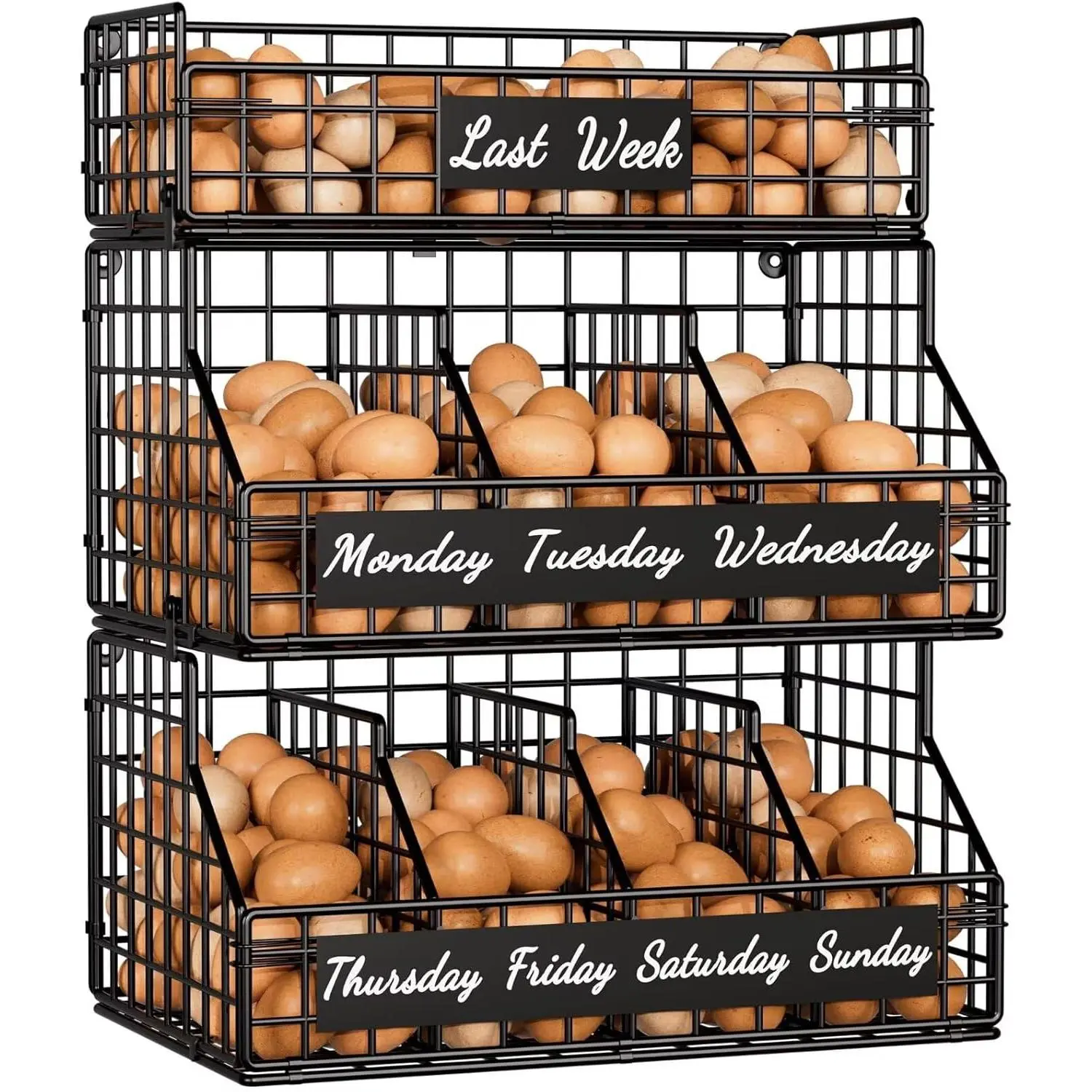 3 Tier Stackable Wall Mounted Countertop Egg Holder with Dividers & Labels, Black Egg Basket Organizer for Storing and Gathering Fresh Eggs