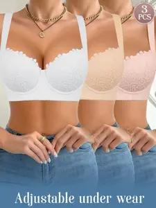 3 Pieces Women's Solid Color Push Up Bra, Simple Elegant Comfortable Breathable Lace Bra, Soft Adjustable Strap Bra for Daily Wear, Lingerie for All Seasons