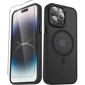 for  14 Pro Case, Matte  Phone Case with 1 Screen Protector, Support for Magsafe, Translucent Frosted Slim Shockproof Protective Cover for  14 Pro 6.1 inch, Black