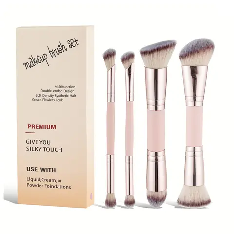 Twin-headed Makeup Brush Set (4 Pcs), Multifunctional Makeup Brushes, Face Makeup Brushes, Premium Synthetic Bristles Suitable for Liquid/Cream/Powder Foundations, Travel-friendly Makeup Tool, Soft Cosmetic Brushes, Ideal Gift for Women & Girls