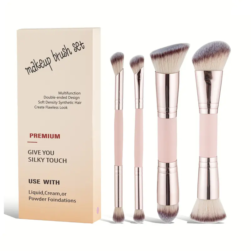 Twin-headed Makeup Brush Set (4 Pcs), Multifunctional Makeup Brushes, Face Makeup Brushes, Premium Synthetic Bristles Suitable for Liquid/Cream/Powder Foundations, Travel-friendly Makeup Tool, Soft Cosmetic Brushes, Ideal Gift for Women & Girls
