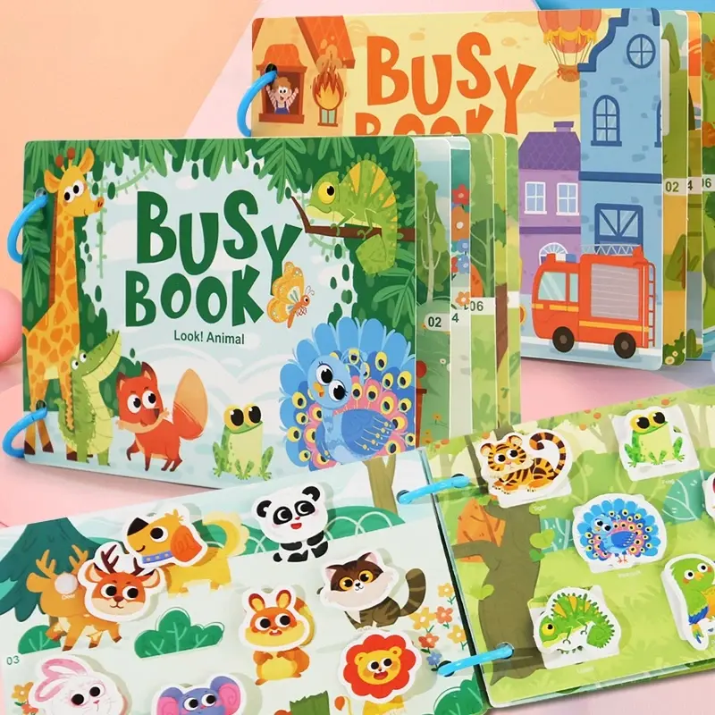 Interactive Learning Activity Book for Kids, Busy Book Featuring Animal Vehicle Dinosaur Stickers, Educational Game for Children