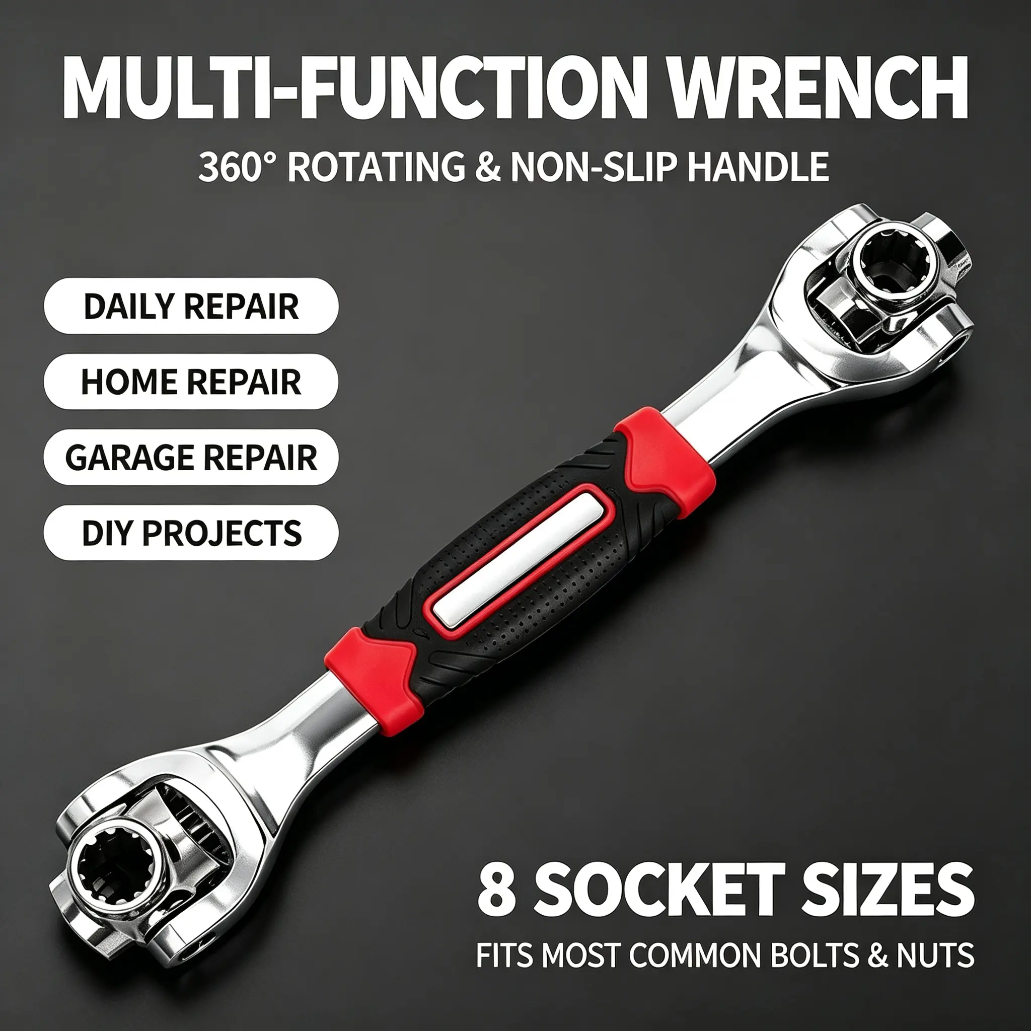 All-in-1 Ratcheting Wrench with 360° Rotation, Dual Socket Ends, Heavy-Duty Chrome Vanadium Steel Anti-Rust, Ergonomic Anti-Slip Grip for Car Repair, DIY Home Projects