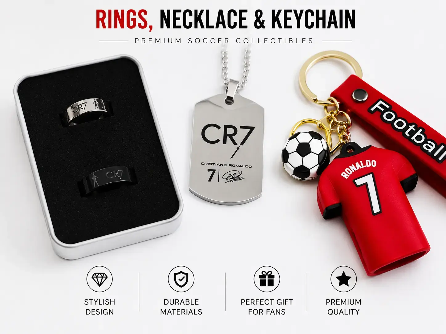 2026 CR7 No.7 12-Piece Sports Collectibles Accessories Set - Soccer Fan Souvenir Kit with Coin, Keychain, Necklace, Rings, Wristbands