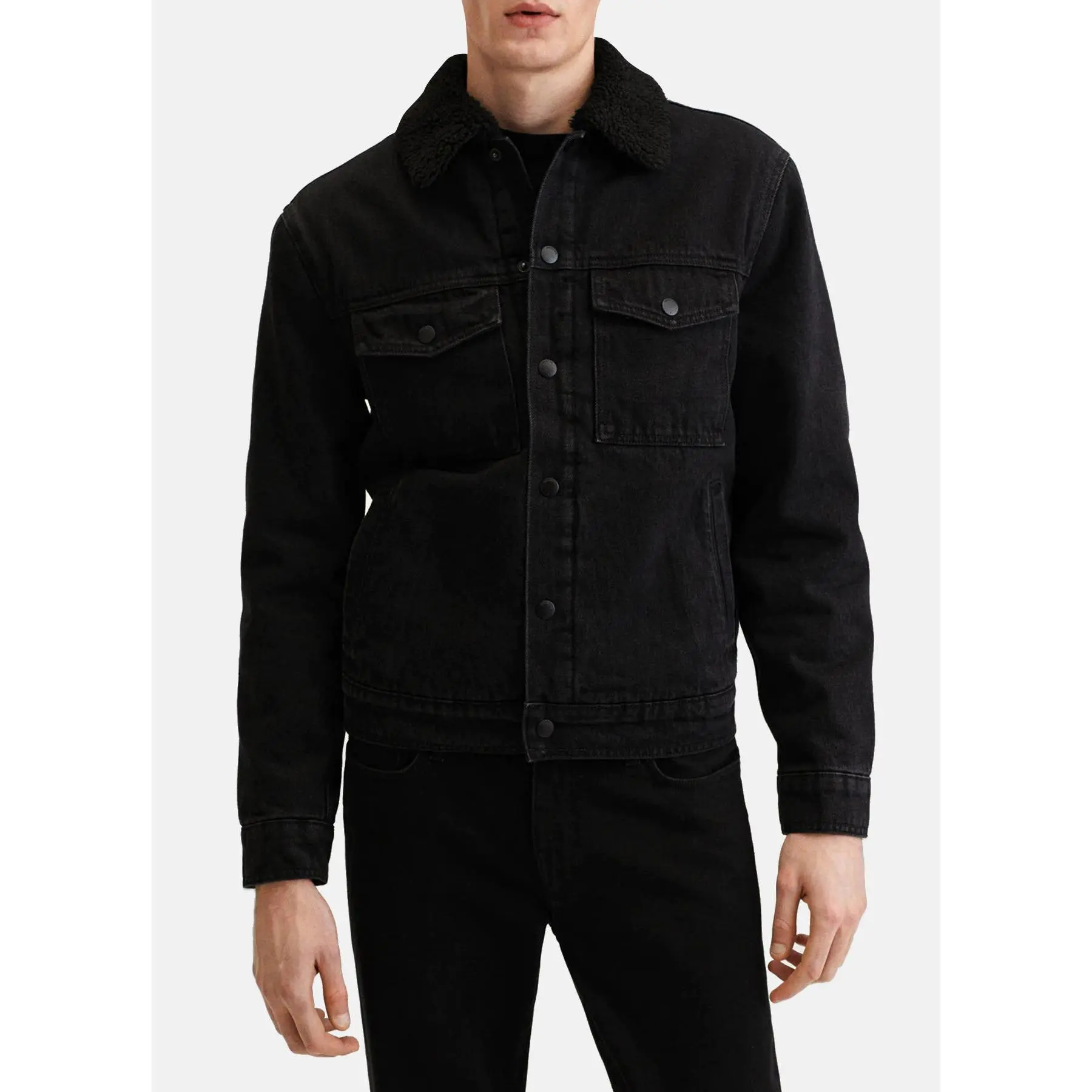 Mens Deep Black Denim Shearling Jacket