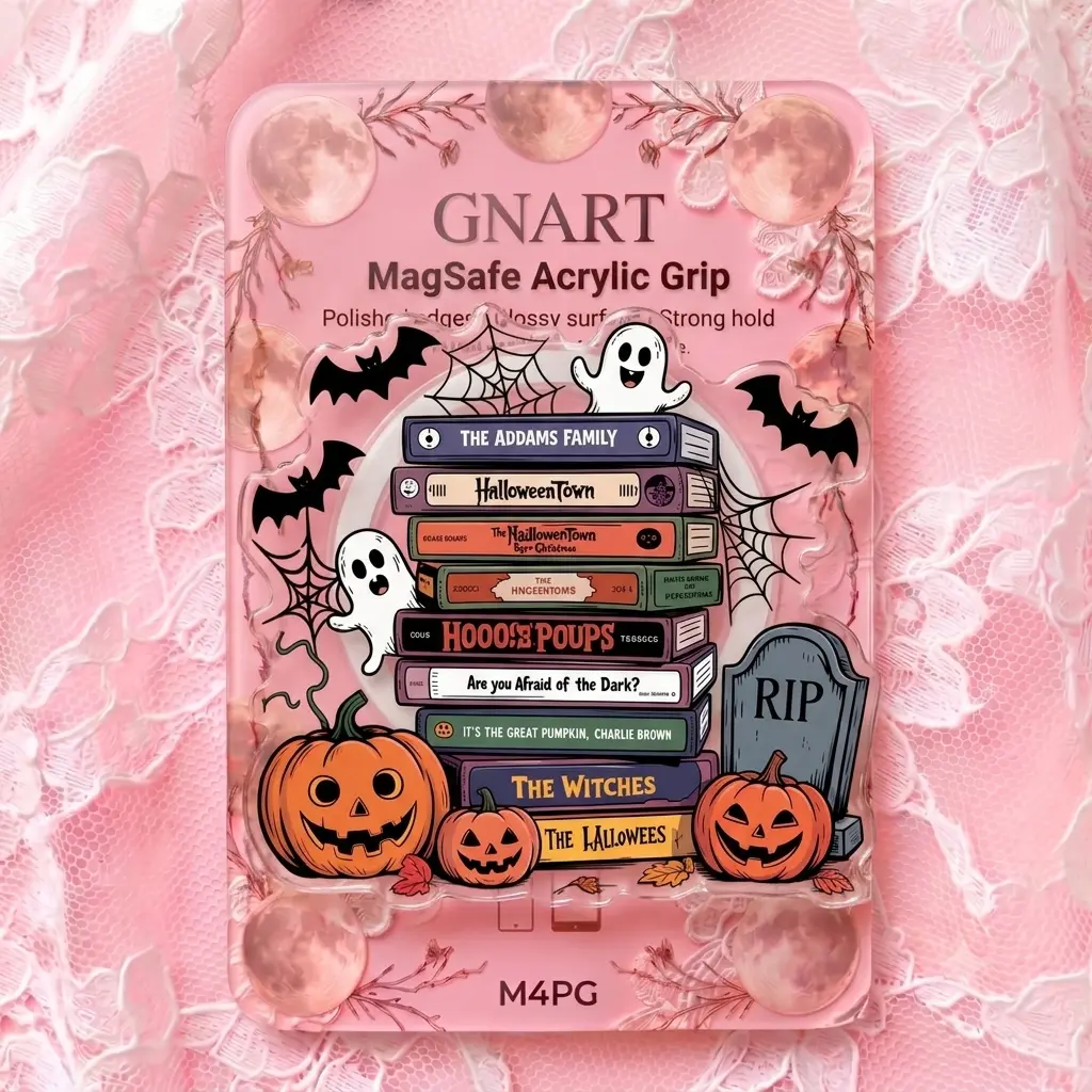 Gothic Halloween Bookish MagSafe Phone Holder | Cute Acrylic Spooky Season Magnetic Grip | Ghost and Pumpkin Book Stack Phone Accessories