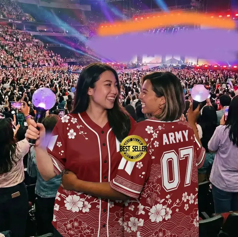 Unisex Maroon Cherry Blossom Baseball Jersey ARMY 07 Floral Wave Graphic Button Down Shirt Short Sleeve KPop Fan Concert Apparel Summer Tops