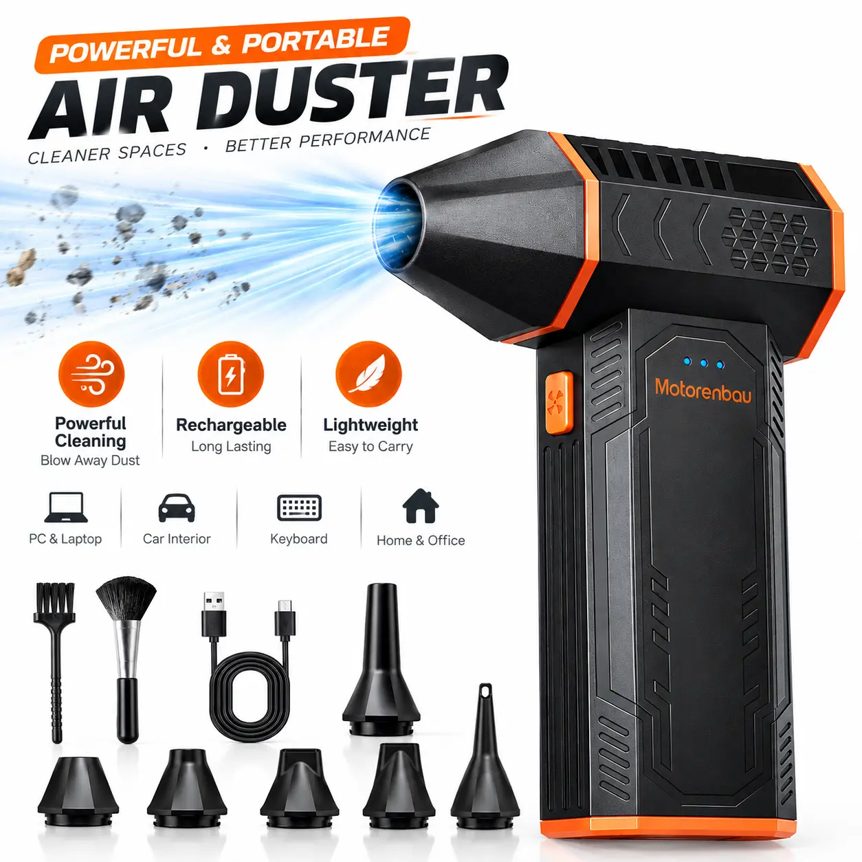 Motorenbau Electric Air Duster, Cordless Air Blower with 3 Speed Settings, Rechargeable Cleaning Tool for PC, Keyboard, Car Interior, Workbench and Home Use, Portable & Lightweight