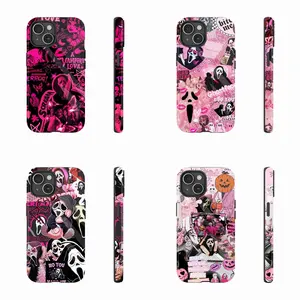 Halloween Pink G-Ghostface Horror S-Scream Horror Movie Illustration Phone Case for iPhone 16 Pro Max, PBT+TPU Dual-Layer Impact-Resistant Phone Cover, Fits iPhone 16/15/14/13/12/11 Pro Max/Plus