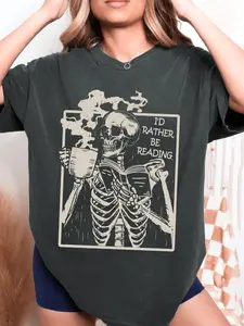 Women's Skeleton & Book Print Round Neck Fitted Tee, Vintage Trendy Casual Short Sleeve T-shirt for Daily Wear, Everyday, Ladies Spring & Fall Clothes, Halloween