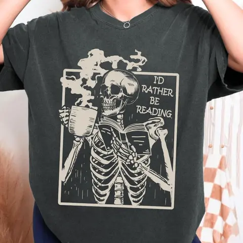 Women's Skeleton & Book Print Round Neck Fitted Tee, Vintage Trendy Casual Short Sleeve T-shirt Tops for Daily Wear, Everyday, Ladies Spring & Fall Clothes, Womenswear, Halloween, Graphic Tees Crewneck