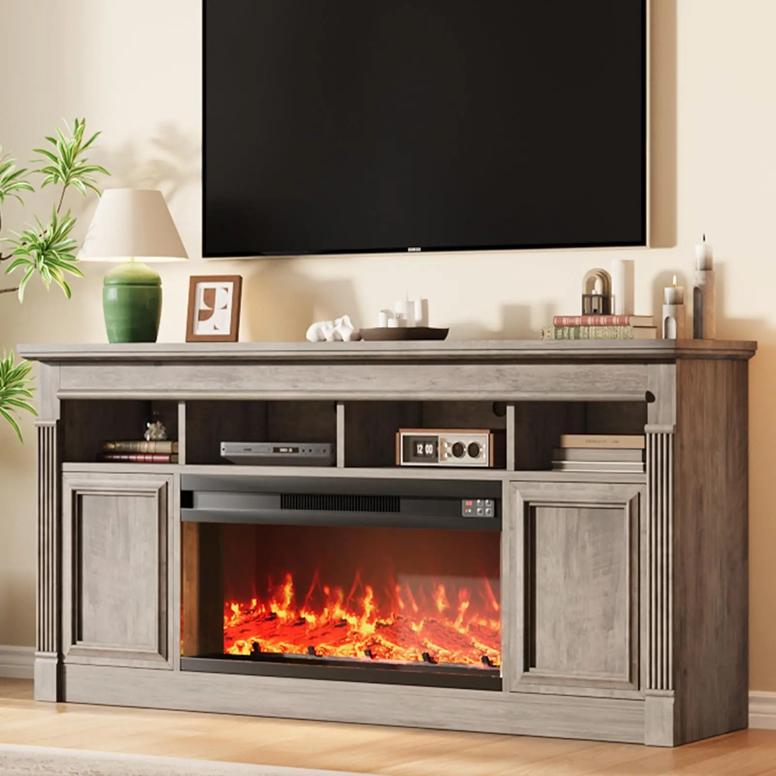 68in Farmhouse Electric Fireplace TV Stand for TVs up to 75in, 36in Fireplace & Open Storage Shelves, Grey