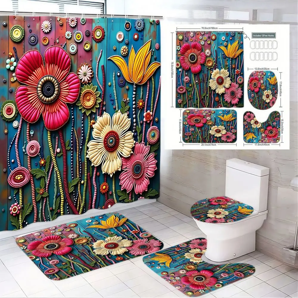 1/4pcs Floral Teal Bathroom Set, Floral Shower Curtains For Bathroom, Bathroom Accessories - Shower Curtain, Bath Mat, Toilet Seat Cover, Colorful Flowers with Swirling Vines, Nature-Inspired Decor for Spring, Easter, Home Bathroom
