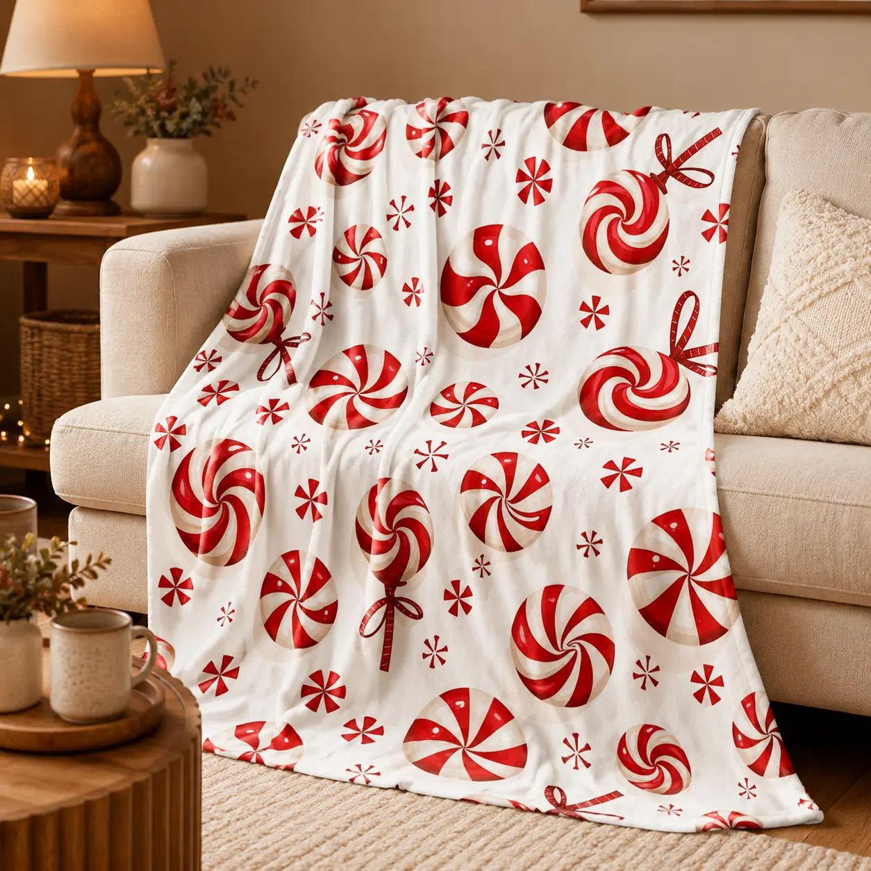 Christmas Peppermint Candy Print Flannel Throw Blanket, Soft Lightweight Fleece Blanket for Adults & Kids, Red White Holiday Candy Pattern Throw for Bed Couch Chair, Cozy Christmas Gift