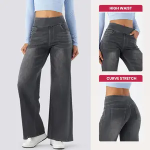 SHOWITTY Women's Wide-Leg High Waisted Straight Leg Jeans with Pockets – Stretchy Denim Pants