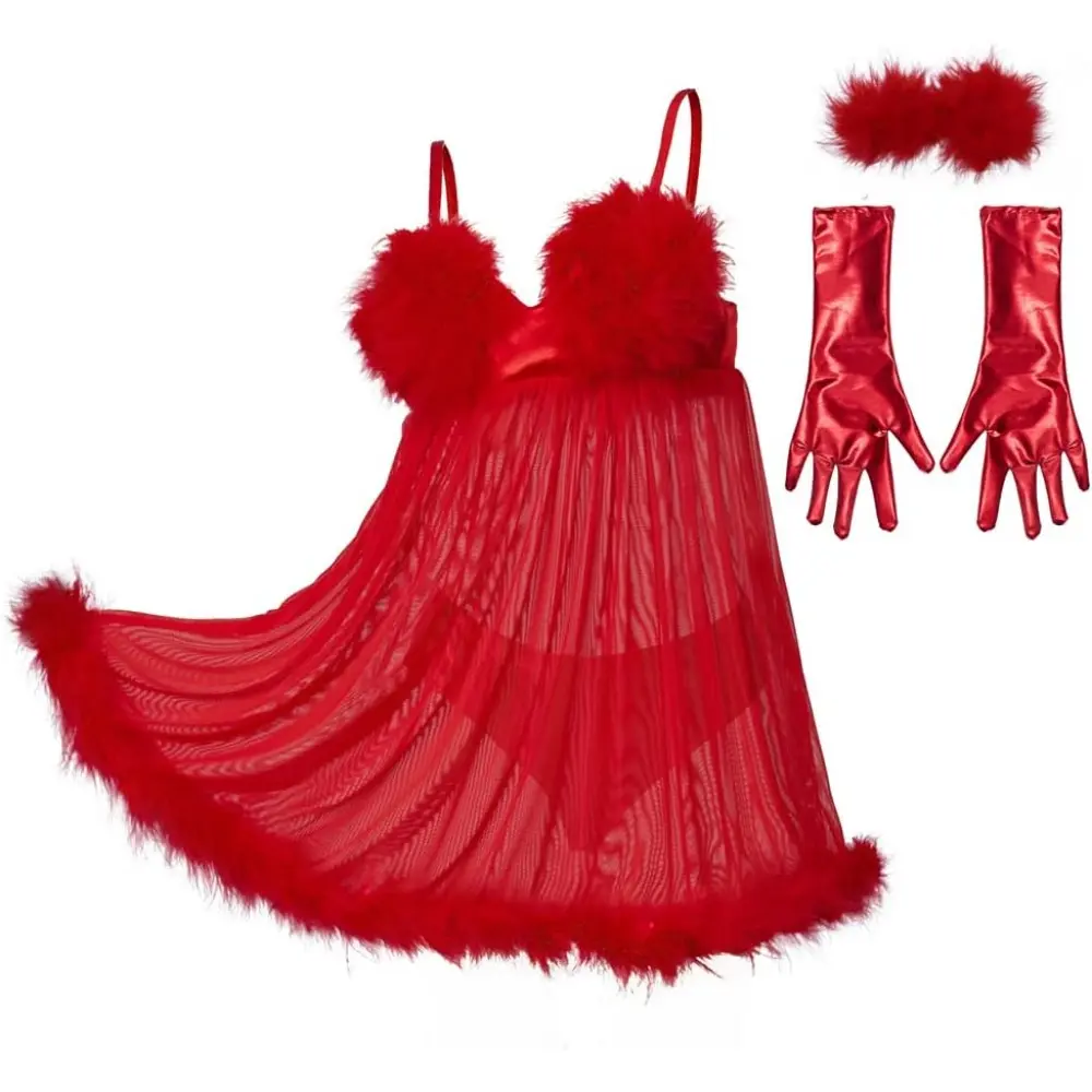 Women's Sexy Fembot Halloween Outfit - 2-Piece Red Fitted Lingerie Set with Plush Feather Trim, Suspender Straps, Matching Bottoms, Hip Accents, Metallic Details, Adjustable Closures, Mechanized Glam for Cosplay, Festival Events, Lingerie Top, Clothes, Ac