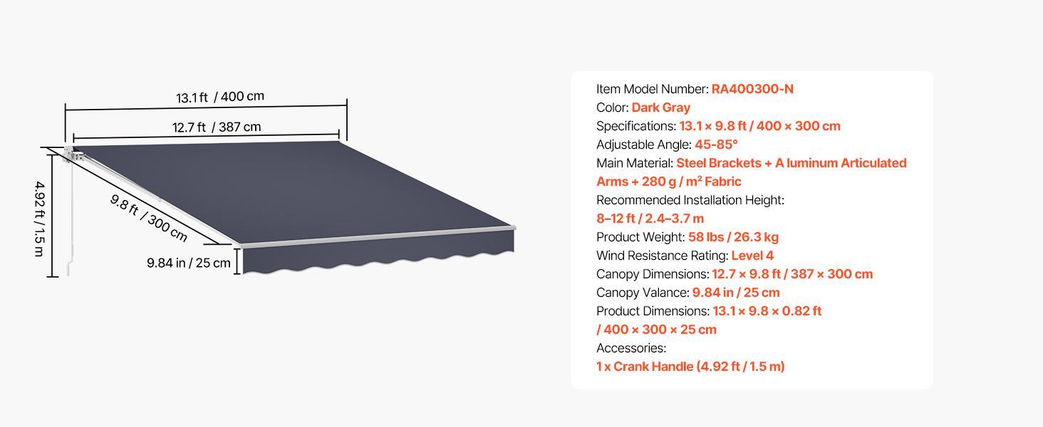 VEVOR Manual Retractable Awning, 13.1' x 9.8' Outdoor Patio Awning Retractable Sun Shade, Patio Door Window Water-Resistant Polyester Sunshade Shelter with Crank Handle for Deck, Balcony, Yard, Gray