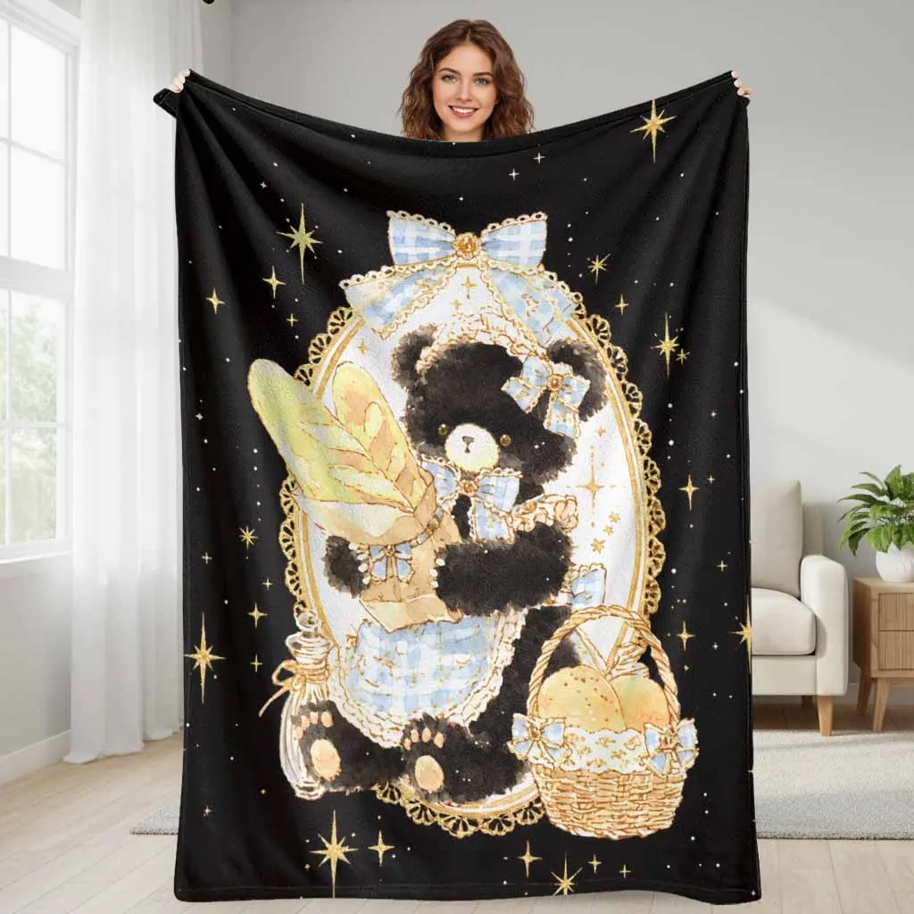 Cute Black Bear Holding Bread Flannel Throw Blanket, Aesthetic Gingham Bow Pattern, Soft Lightweight Warm Fuzzy Breathable Plush Bedding, Versatile Living Room Sofa Couch Camping Use, Cozy Home Decor Birthday Gift Fall Winter Essential