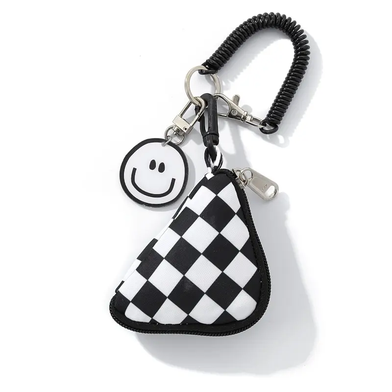 Black White Checkerboard Triangle Mini Coin Purse, Smiley Pendant Spring Rope Keychain Small Storage Pouch