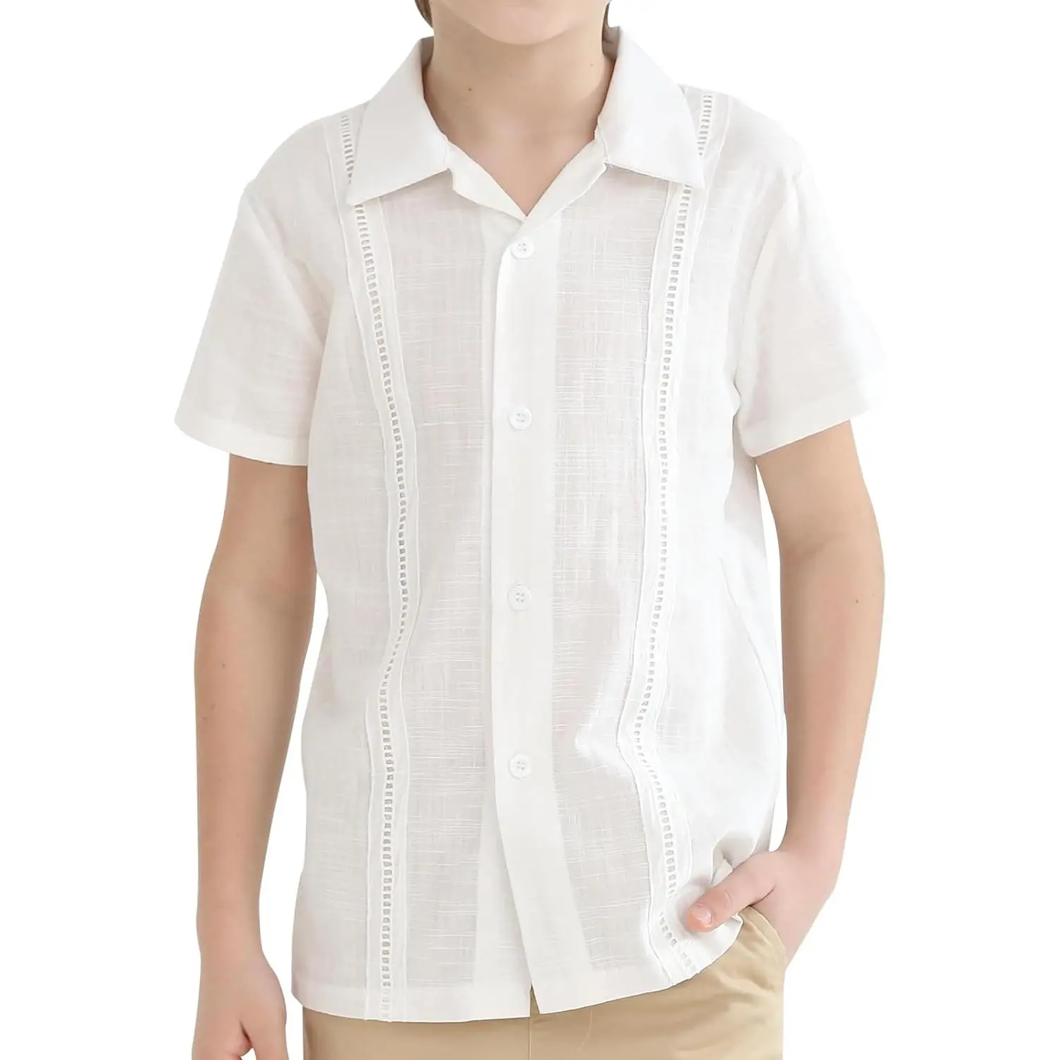 AYJK7 Boys Cuban Guayabera Shirt Short Sleeve Button Down Shirts V Neck Cotton Linen Shirts
