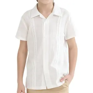 AYJK7 Boys Cuban Guayabera Shirt Short Sleeve Button Down Shirts V Neck Cotton Linen Shirts
