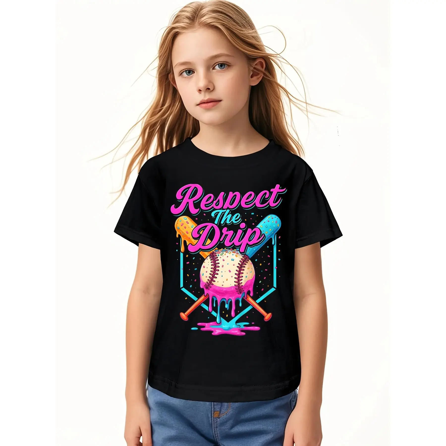 Soft Breathable Baseball Drip Boys Home Plate Ice Cream Respect The Drip T-Shirt for Kids | Boys & Girls Graphic Tee - Round Neck Shirt for Early Elementary - Birthday Party Outfit or Everyday Play Clothes - Easy-Care Parent-Favorite Apparel