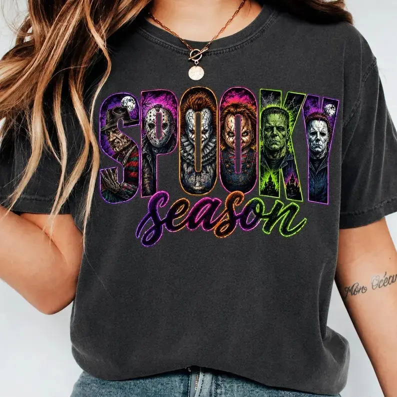 Neon Horror  Shirt, Retro Scary Movie Graphic Tee, Vintage Horror Character T-Shirt, Spooky Season Fall Apparel washable cotton  Halloween graphic tees fall outfits