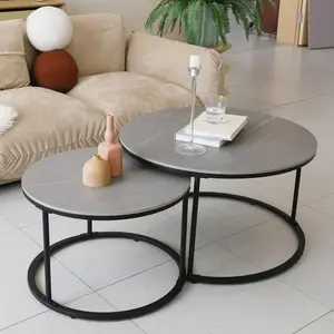 Modern Nesting Round Grey Marble Top Coffee Table Set Sintered Stone Metal Legs Home Furniture Stackable Side End Table for Living Room Bedroom