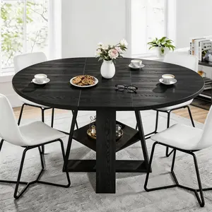 AHB 43.3in-59in Extendable Round Dining Table for 4-8, Expandable Oval Kitchen Table with Storage Shelf, Modern Circular Dinner Table with Sturdy V-Shaped Legs for Small Space, Living Room, Restaurant
