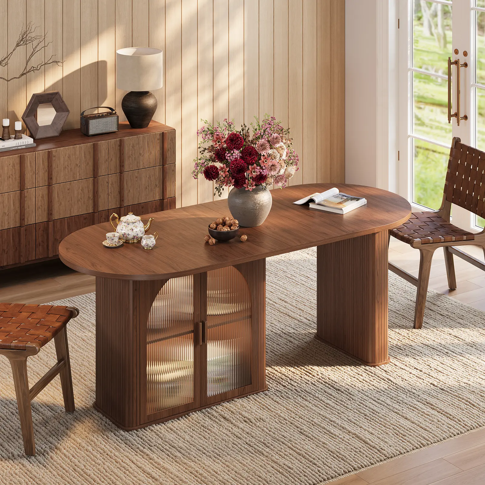 【BackToSchool】ONBRILL 70 Inch Oval Dining Table for 6-8, Modern Dining Room Table with 2-Tier Storage Space, Wood Kitchen Table with LED Light, Dinner Table with Heavy Duty Legs BackToSchool