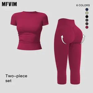 MFVIM Women’s Breathable Body-Shaping Yoga Outfit, High-Waisted Quick-Dry Fitness Wear, Versatile Three-Quarter Shorts Sports Set