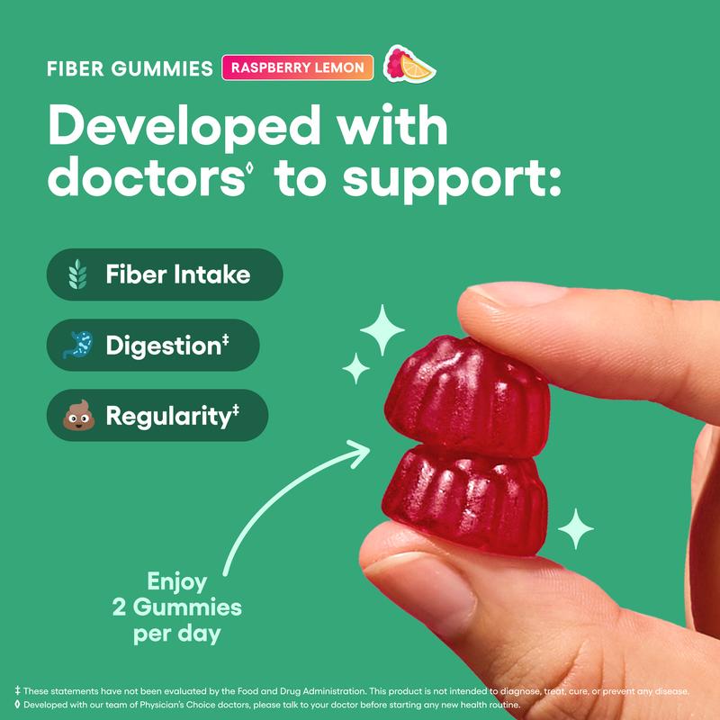Physician’s Choice Fiber Gummies 3-Pack: Digestive Health & Regularity - Raspberry Lemon Flavor - No Sugar Added & Vegan - Daily Gummy for Adults